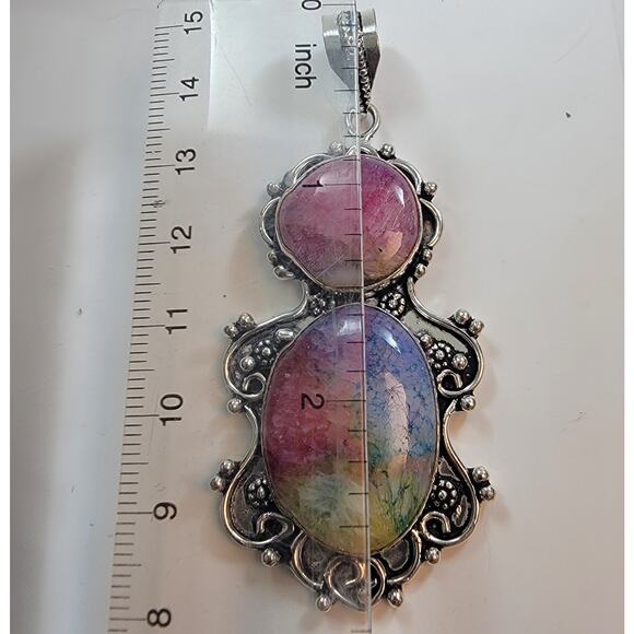 Necklace Pendants Rainbow Calsilica Double Gem in Ornate Sterling Silver Setting - Picture 5 of 10